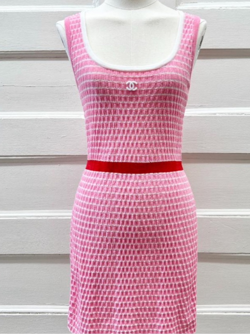 CHANEL Pink Knit Mini Dress with White CC Logo
